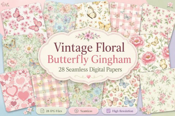 Download Vintage Floral Butterfly Gingham - Premium Resources