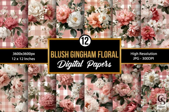Download Blush Gingham Floral Digital Papers - Premium Resources